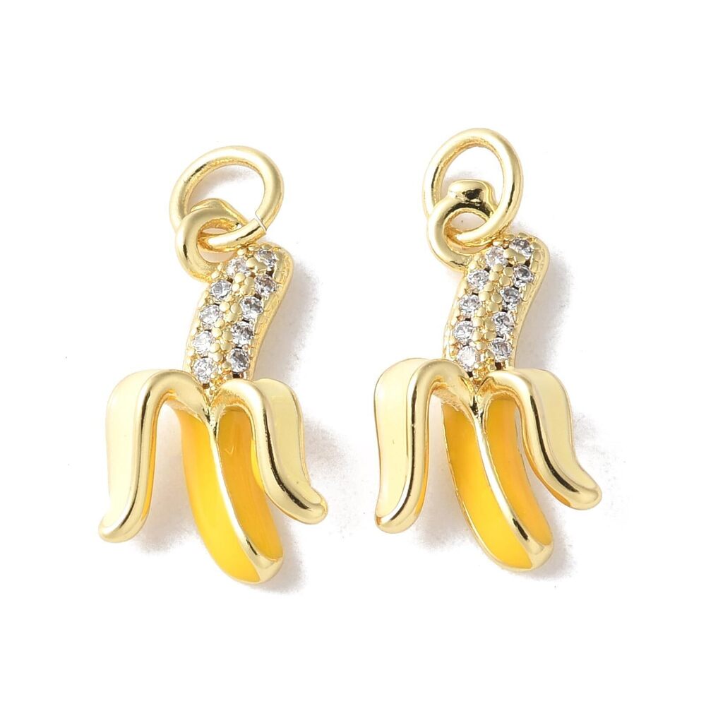 8909 10 pcs Brass Micro Pave Cubic Zirconia Banana Enamel Charms with Jump